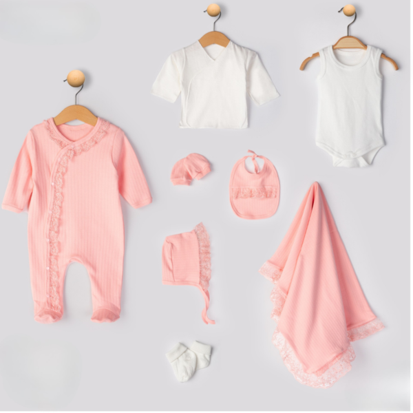 Erkek Bebek 8’li Kravatlı Hastane Çıkışı Seti | 0–3 Ay | Ekru-Pembe-Koyu Pembe | %100 Pamuk - Görsel 4