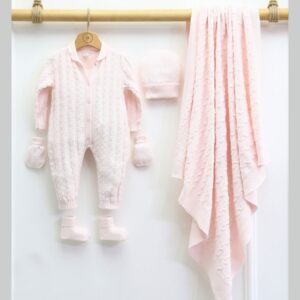 Petek Örgülü 5’li Hastane Çıkışı Seti | 0–3 Ay | Pembe | %100 Pamuk